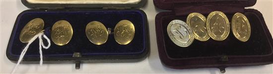 Pair of 18ct gold oval cufflinks, initialled & a similar pair of 9ct gold cufflinks